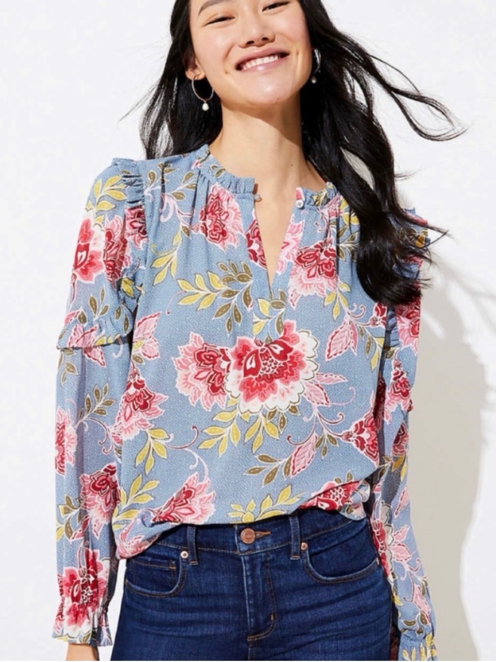LOFT Garden Ruffle Split Neck Blouse, size Petite Small